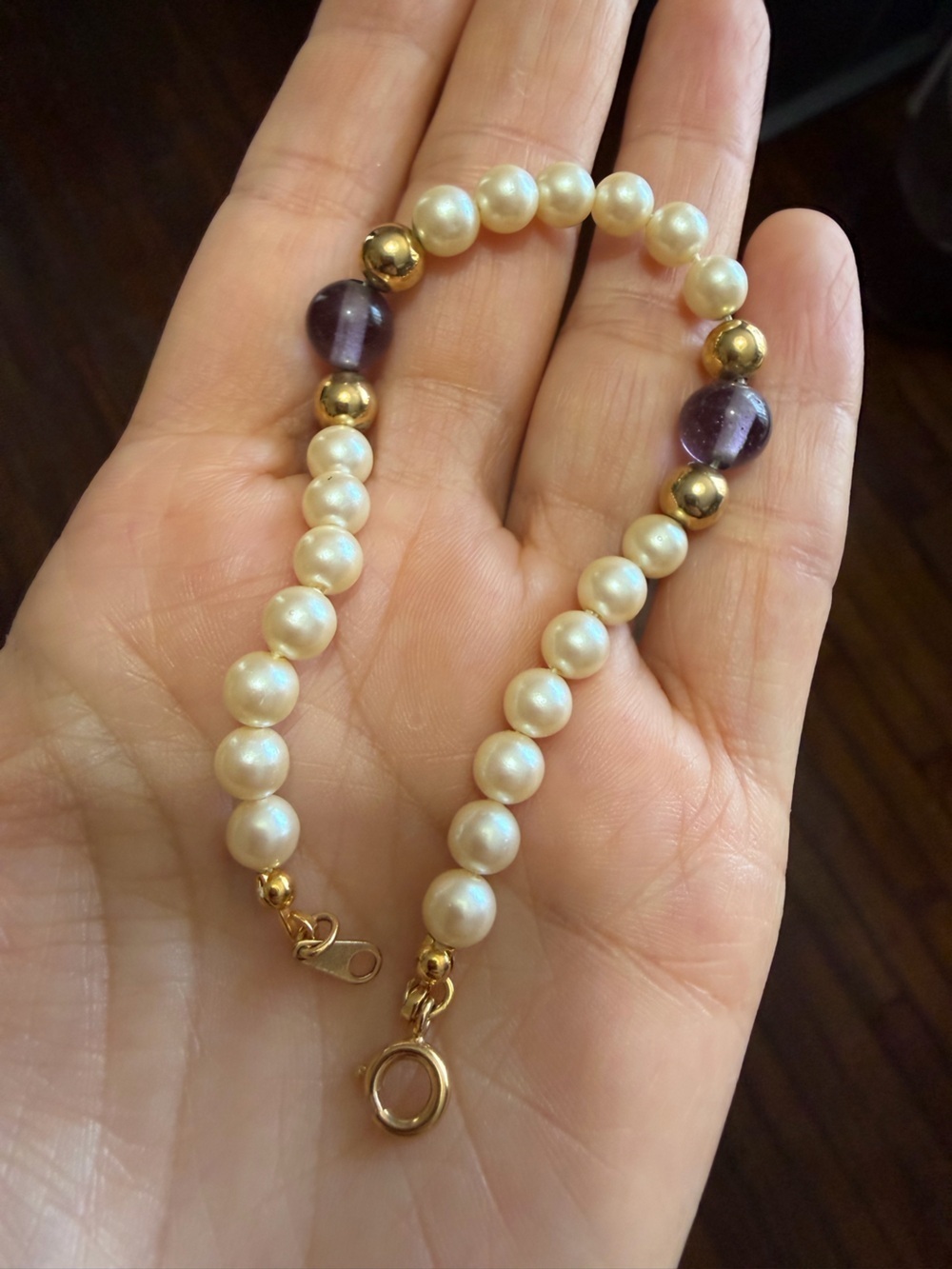 Vintage Japan Faux Pearl & Amethyst Bead Bracelet - Gold Tone